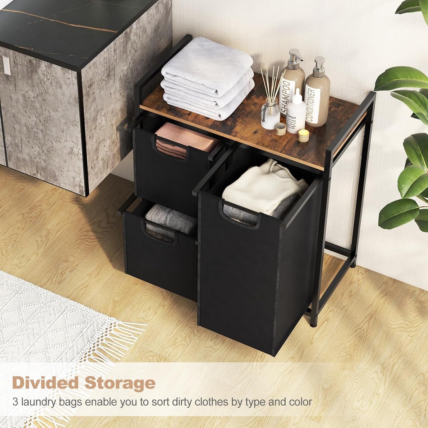 3 Compartment Laundry Basket Pull Out Hampers with Shelf Metal Frame