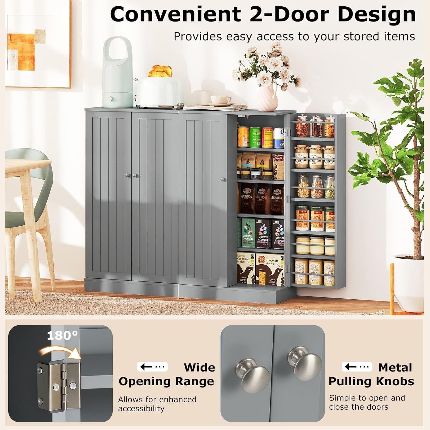 Compact Grey Pantry Cabinet with 2 Doors and 17 Storage Shelves