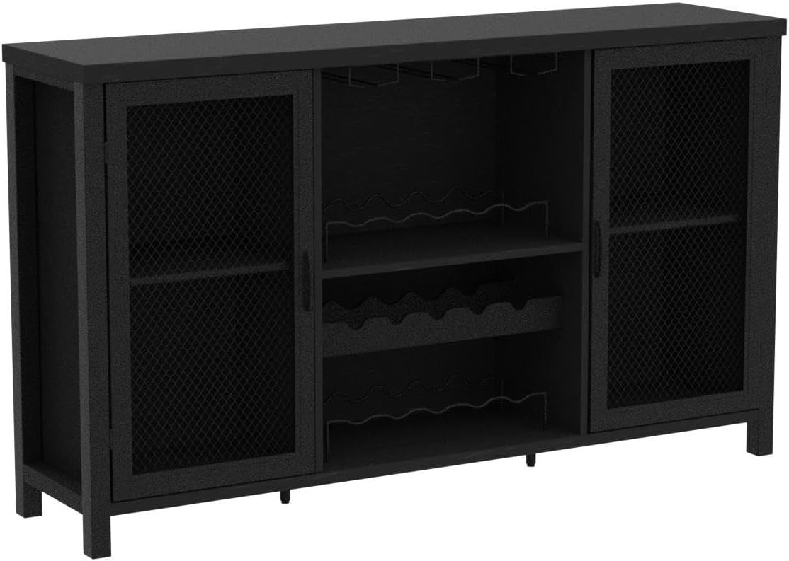 Black Oak Wine Bar Cabinet Sideboard with Wine Rack & Glass Storage 140cm