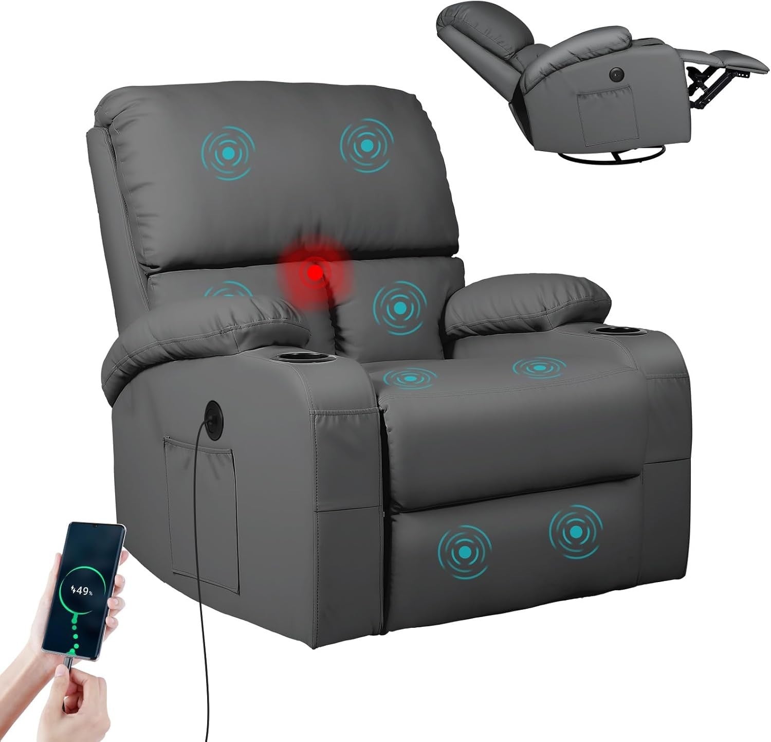 Massage Rocker Recliner Chair with Heat 360° Swivel USB & Type-C Ports Dark Grey