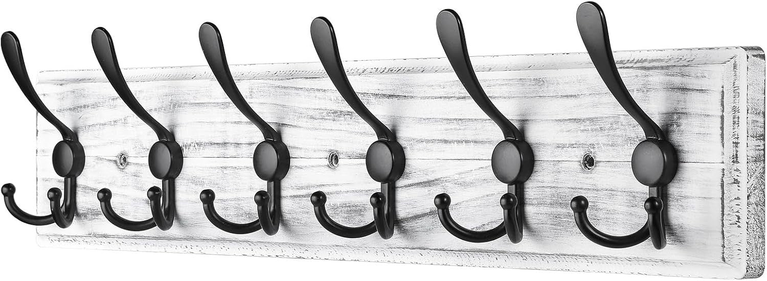Grey Wooden Wall Mounted Coat Rack | 6 Hook Heavy Duty Hallway Hanger Shelf