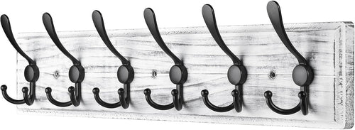 Grey Wooden Wall Mounted Coat Rack | 6 Hook Heavy Duty Hallway Hanger Shelf