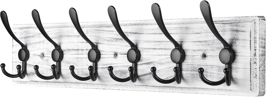 Grey Wooden Wall Mounted Coat Rack | 6 Hook Heavy Duty Hallway Hanger Shelf