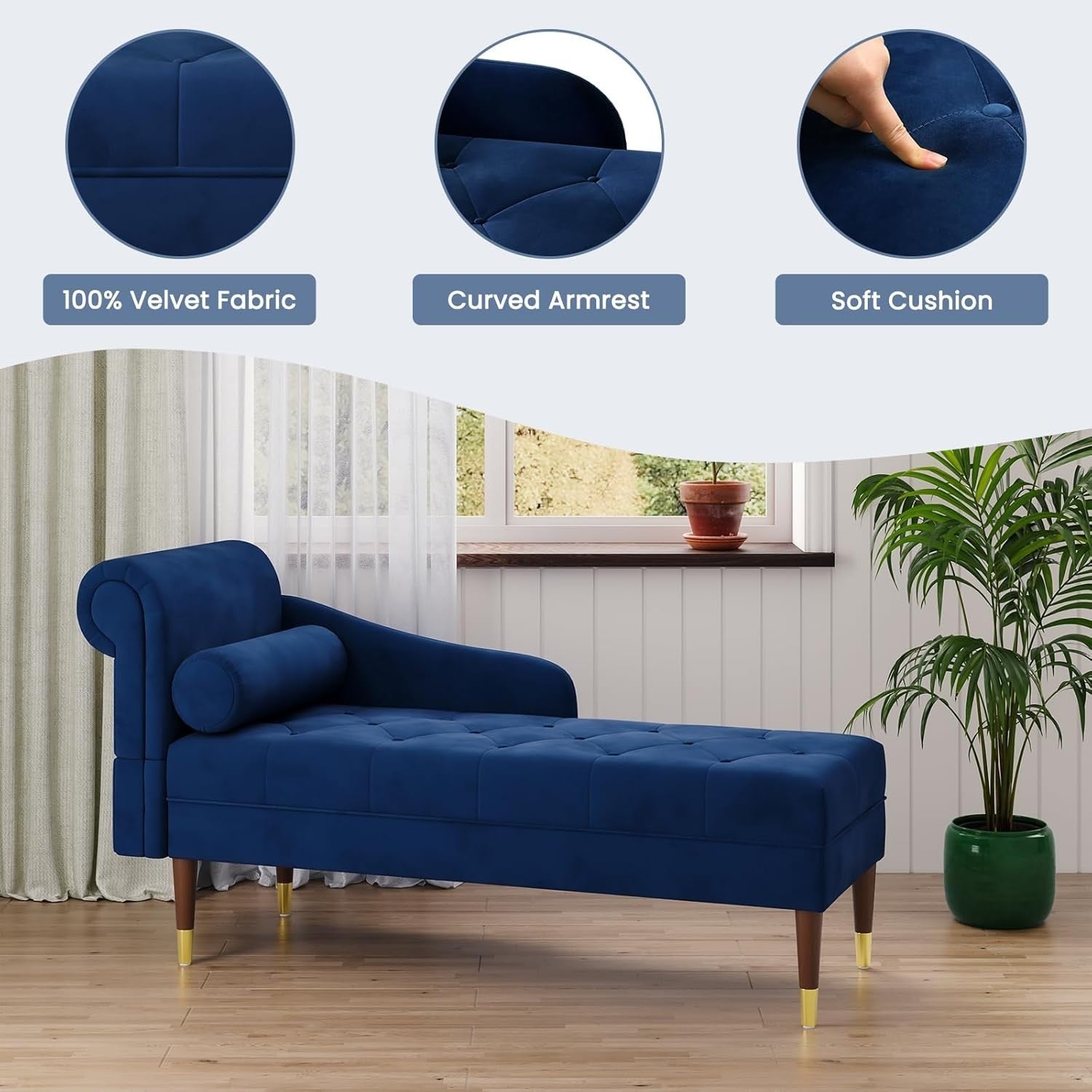 Velvet Chaise Lounge Sofa Blue Left Armrest + Pillow Compact & Stylish