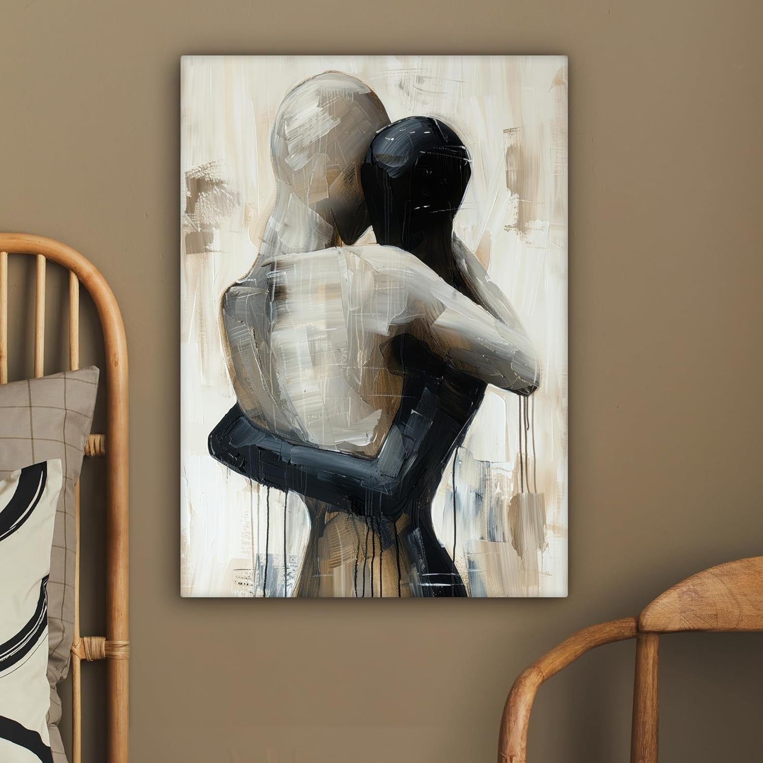 Abstract Couple Canvas Wall Art 60x80cm Framed Modern Beige