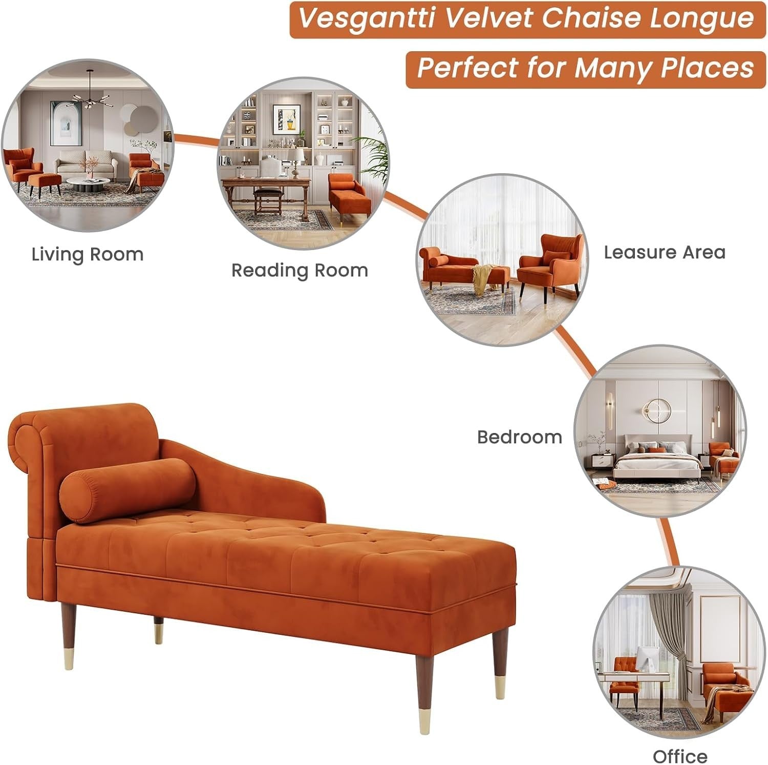 Orange Velvet Chaise Lounge Sofa Left Armrest + Pillow Compact & Stylish