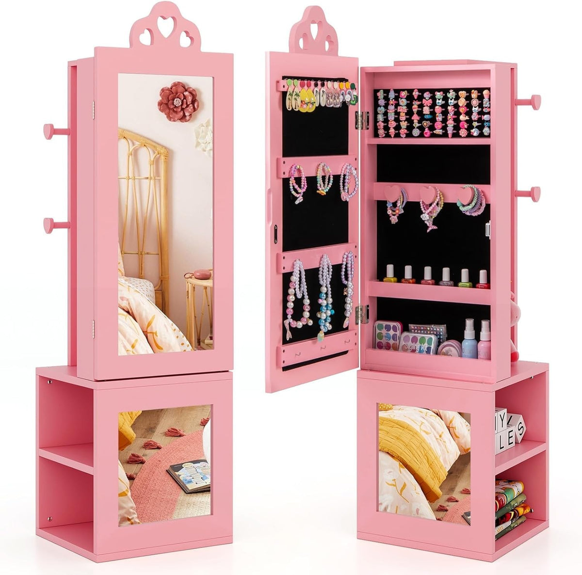 Kids Jewelry Armoire Mirror Vanity Dress Up Organizer with Clothes Rack