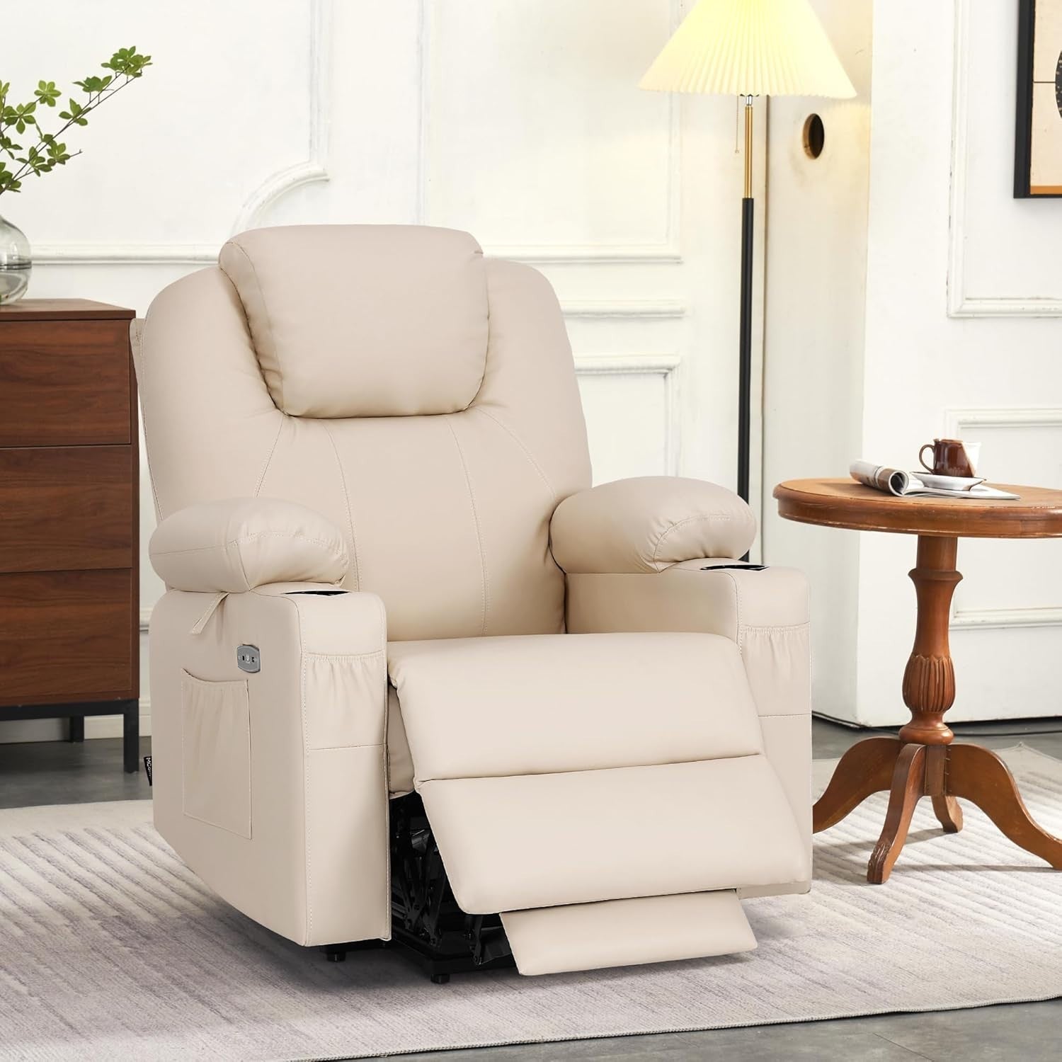 Cream Riser Recliner Chair Lift Assist Heated Massage USB Faux Leather
