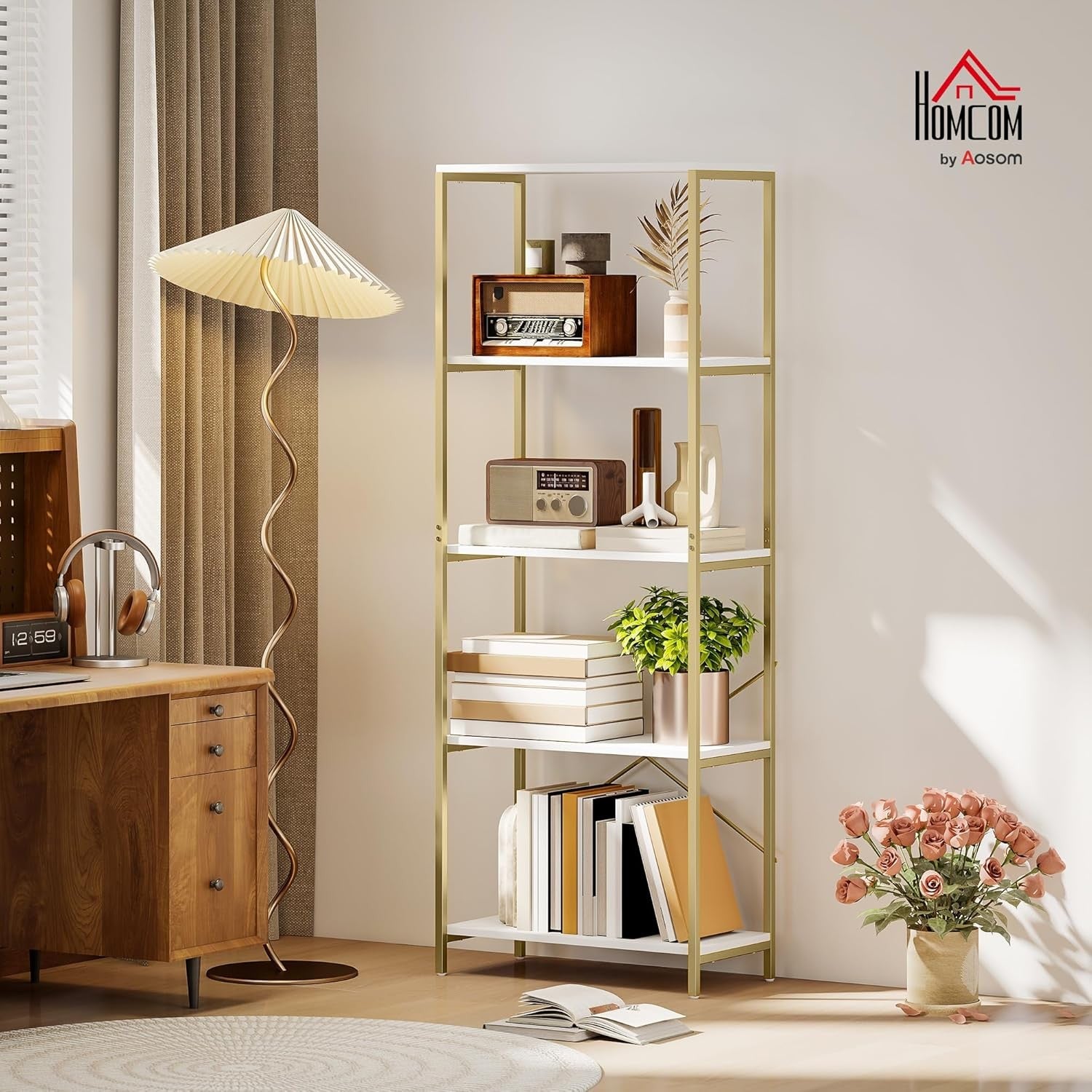 White & Gold 5-Tier Modern Bookcase Tall Metal Frame Open Display Shelf Unit