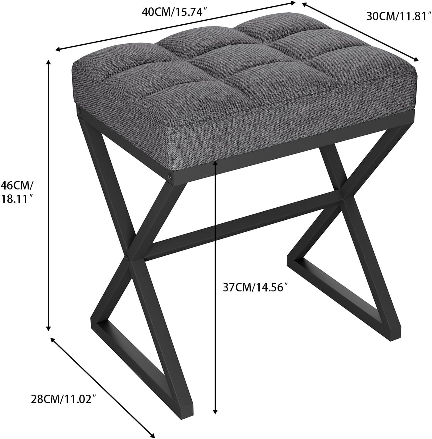 Grey Linen Vanity Stool with X-Shaped Metal Legs Footrest Bench 40×30×46cm