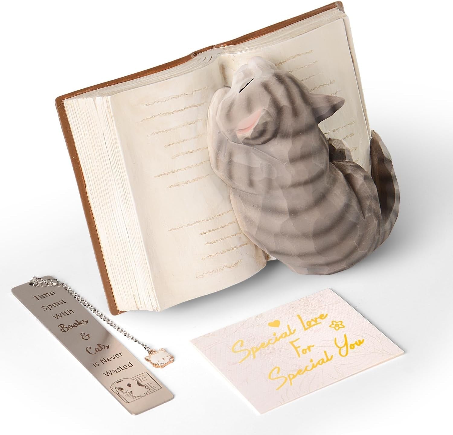 Sleeping Cat Figurine on Book with Bookmark | Cute Cat Lover Gift Home Decor