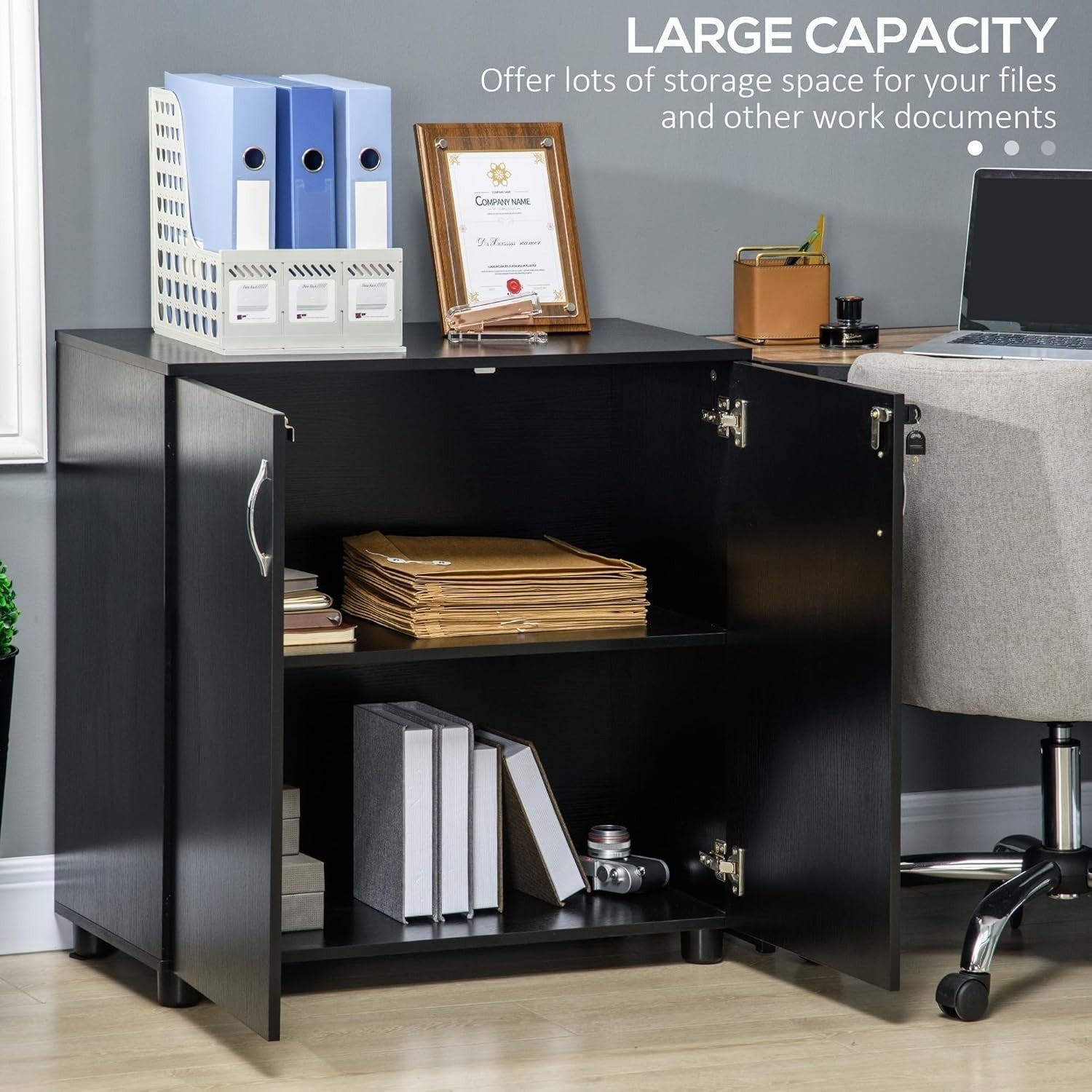 Black Lockable Storage Cabinet 80x40x80cm 2 Shelf Office Cupboard