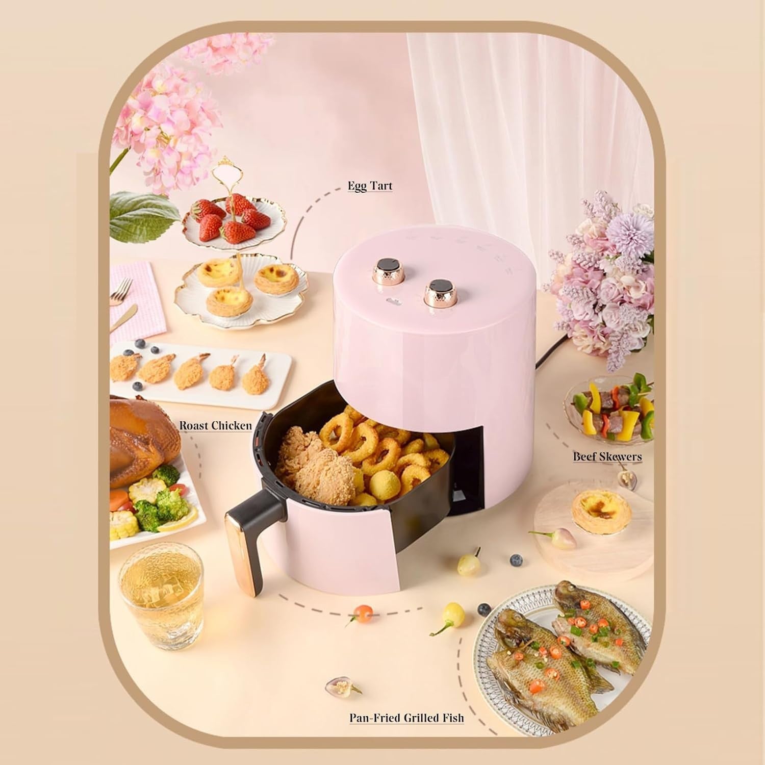Pink Air Fryer 3.7L 1300W Compact 10-in-1 Oil Free Rapid Air 30min Timer