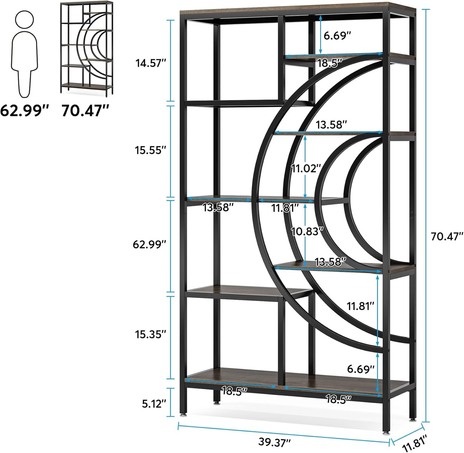 Geometric Industrial Bookshelf Set | 178cm Tall 8-Tier Open Display Shelves (2 P