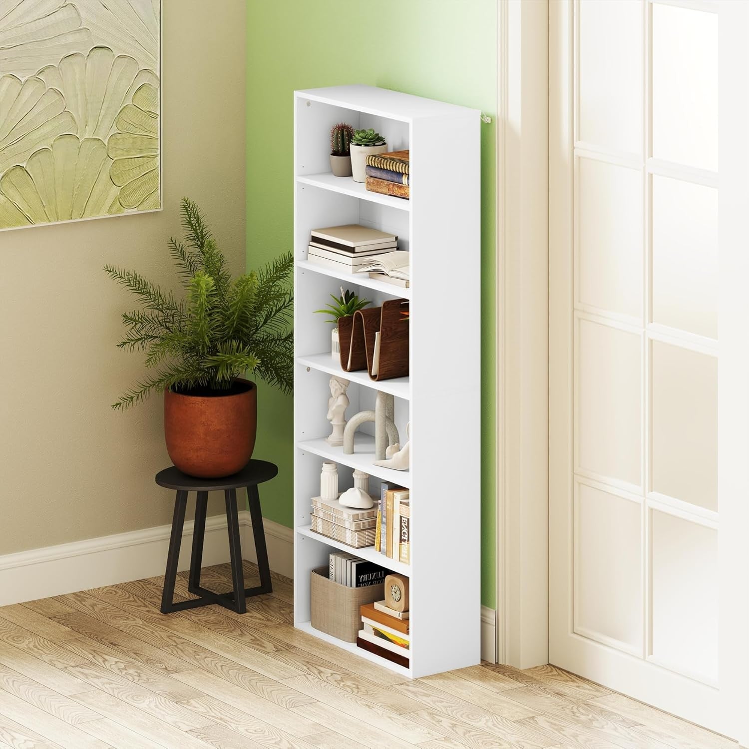 White 6-Tier Tall Bookcase Adjustable Shelves Modern Slim Storage Display Unit
