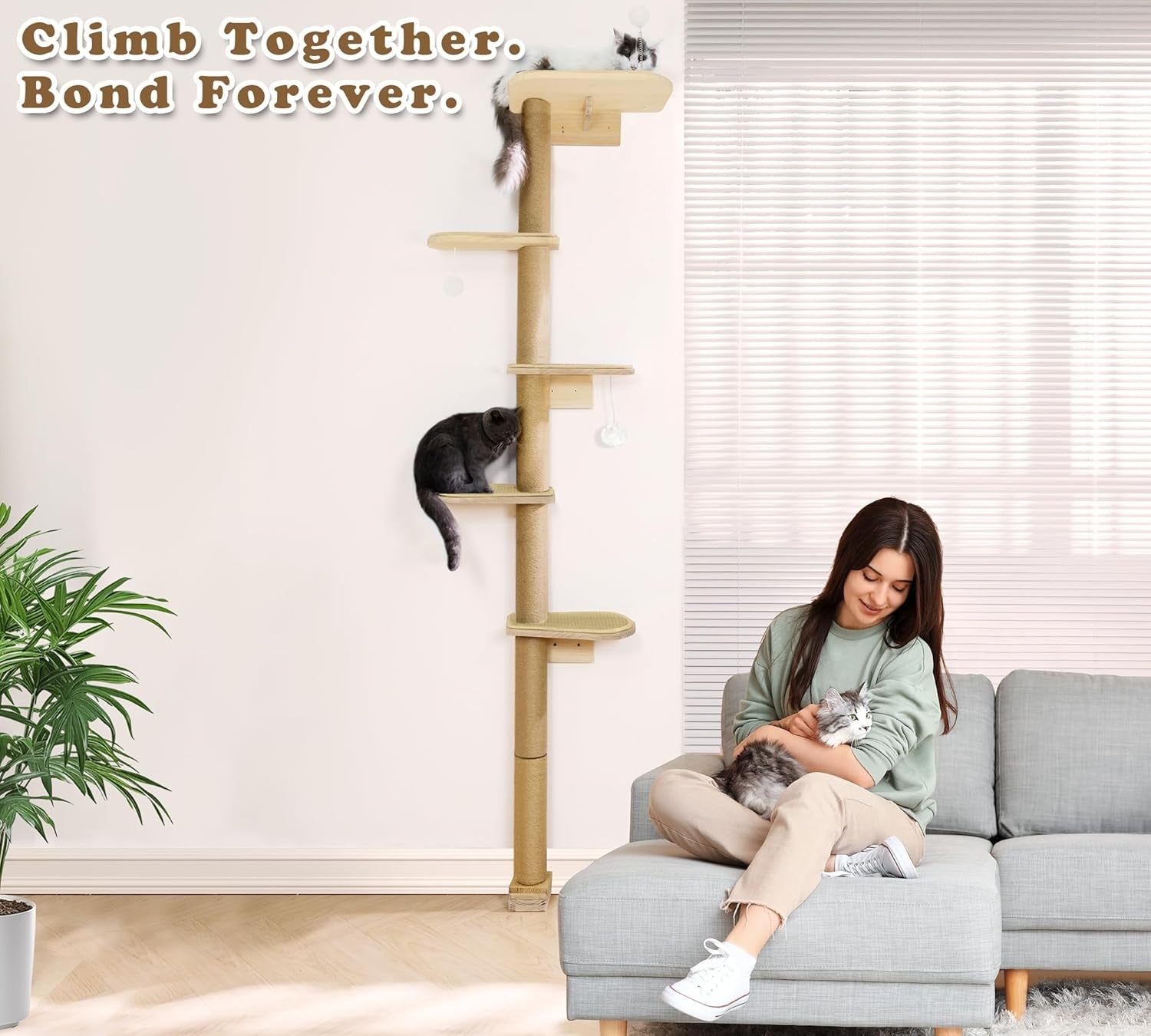 Floor to Ceiling Cat Tree 210cm 5 Tier Climbing Scratching Post Wall Mounted