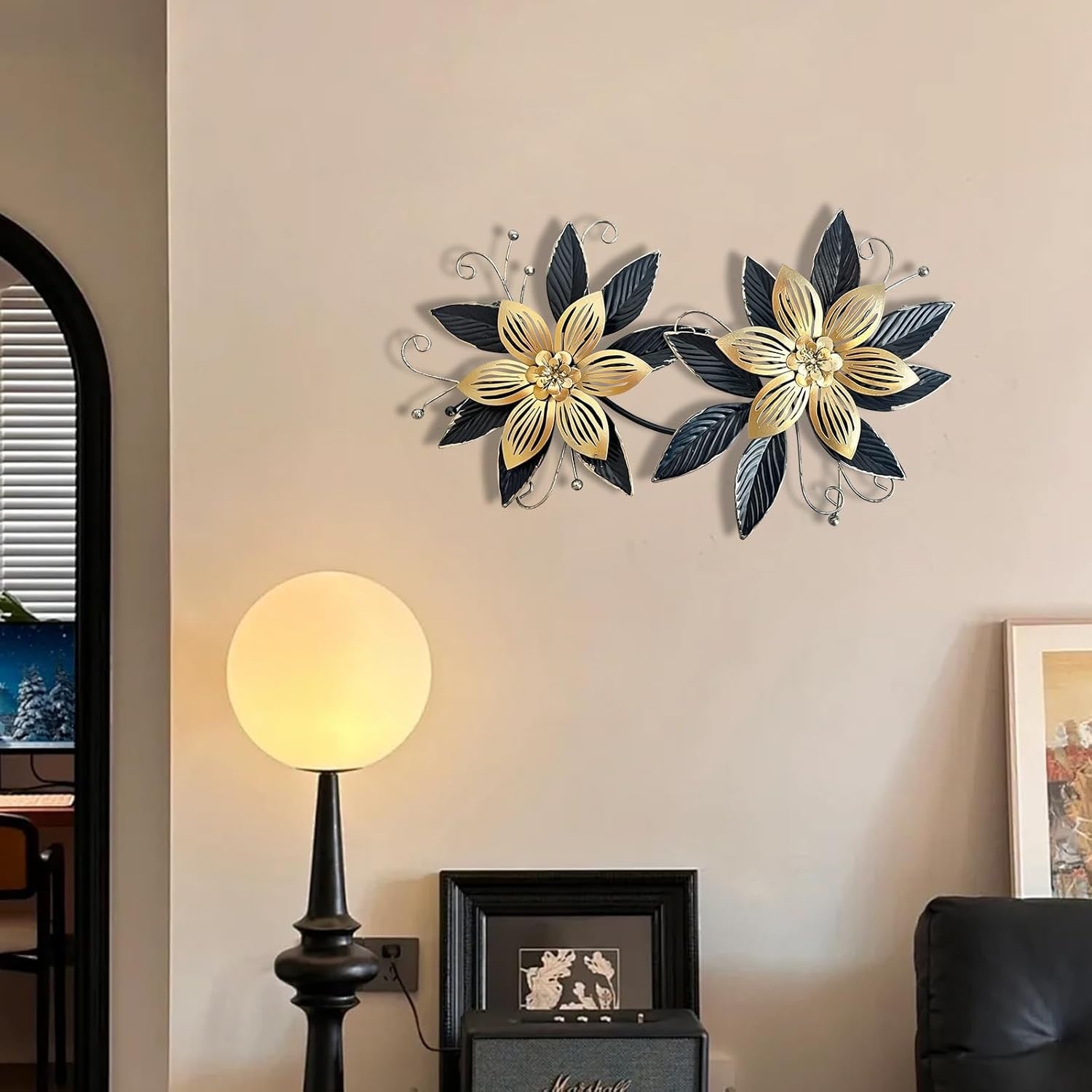 Black Gold Metal Flowers Wall Art 15 in 3D Multi-Layer Home Decor