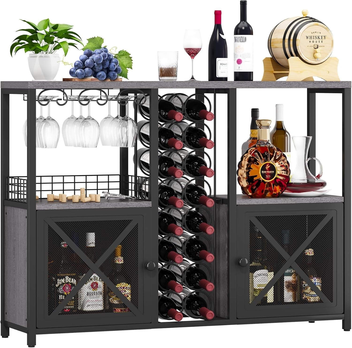 Rustic Home Bar Cabinet with Wine Rack & Glass Holder, Liquor Sideboard Storage