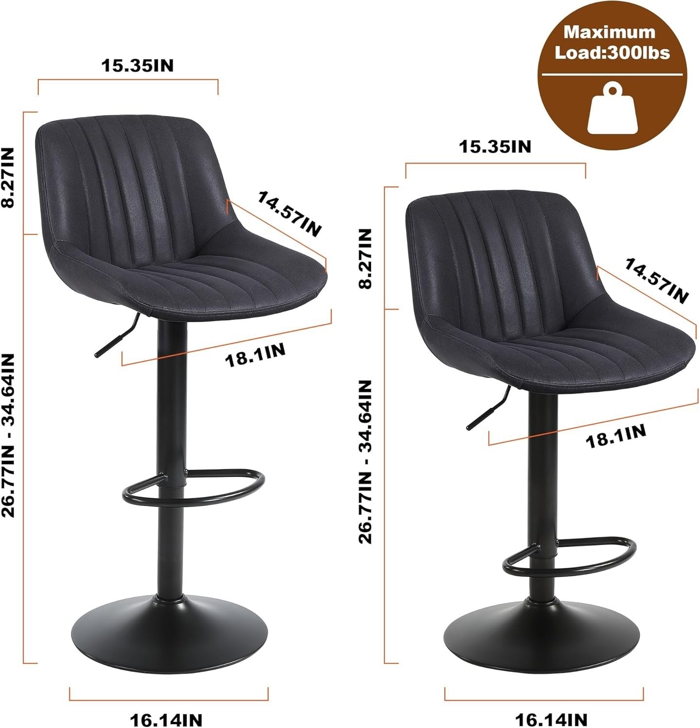 Black Adjustable Swivel Bar Stool PU Leather Modern Counter Chair