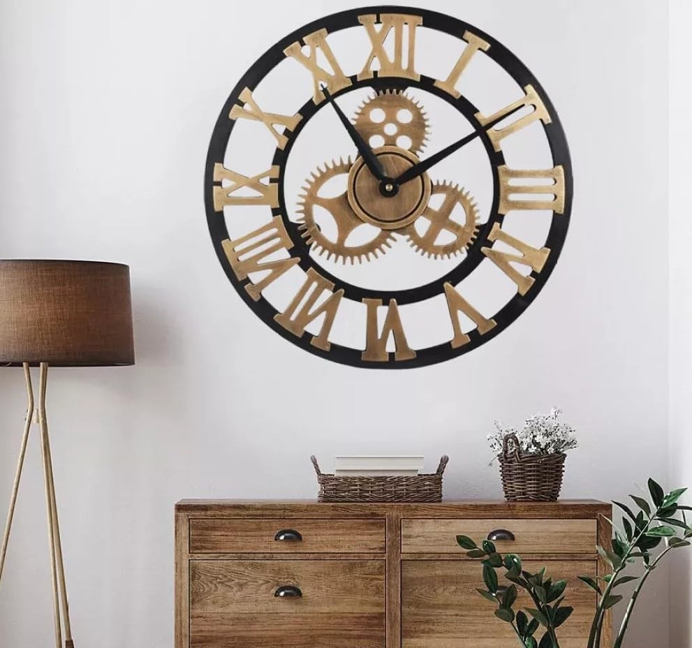 60cm Large Gold Roman Numeral Wall Clock Wood Open Face Silent Quartz Vintage