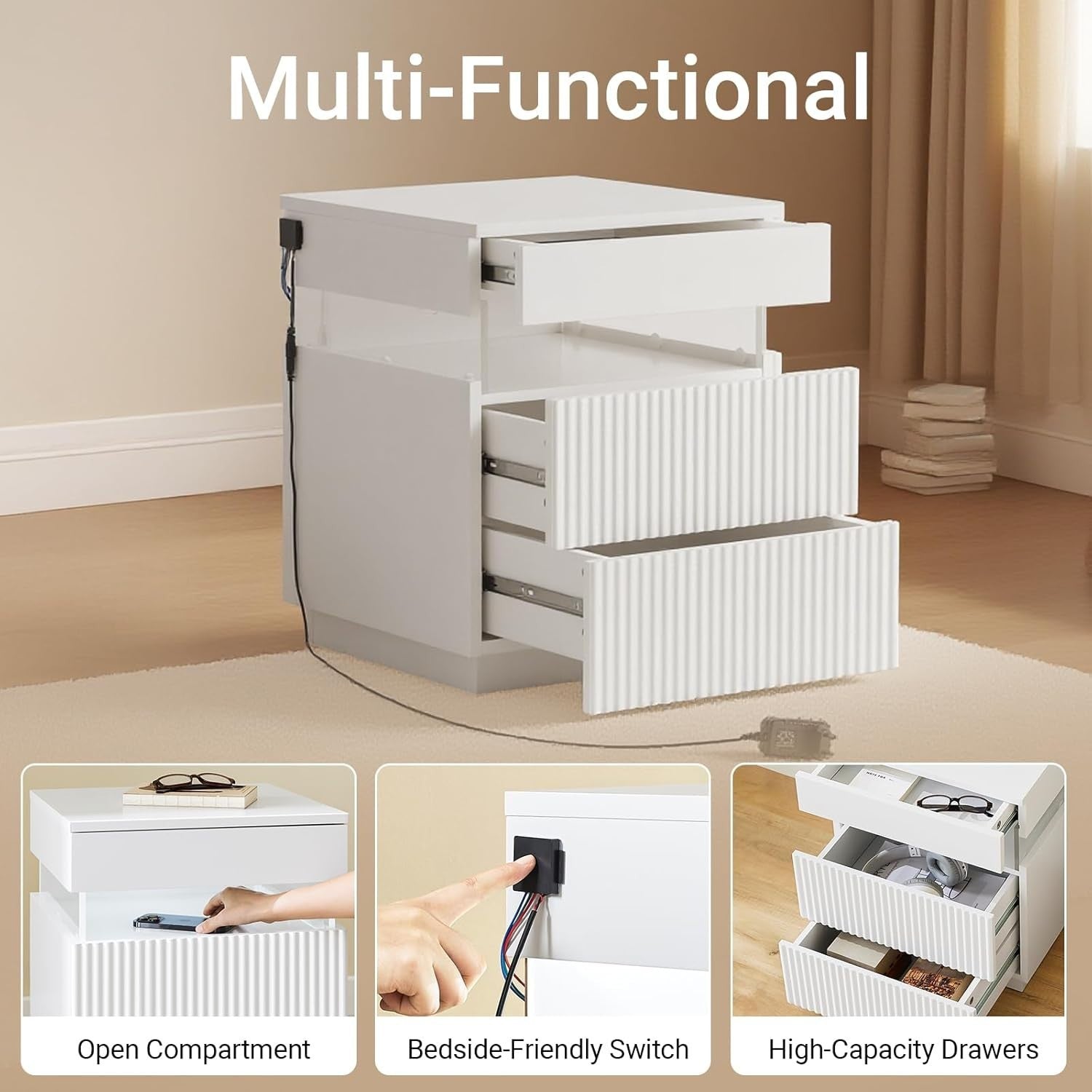Modern White Bedside Table with LED Light & 3 Drawers – Ambient Nightstand