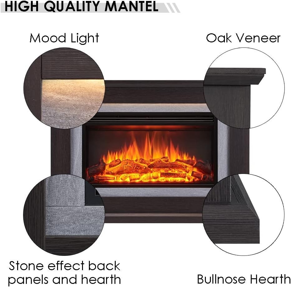 47” Oak Electric Fireplace 2kW LED Flame Heater with Remote & Timer