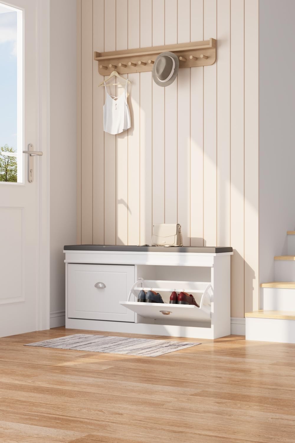 White Shoe Storage Bench with Flip Drawers & Cushion Seat 105x24x52cm