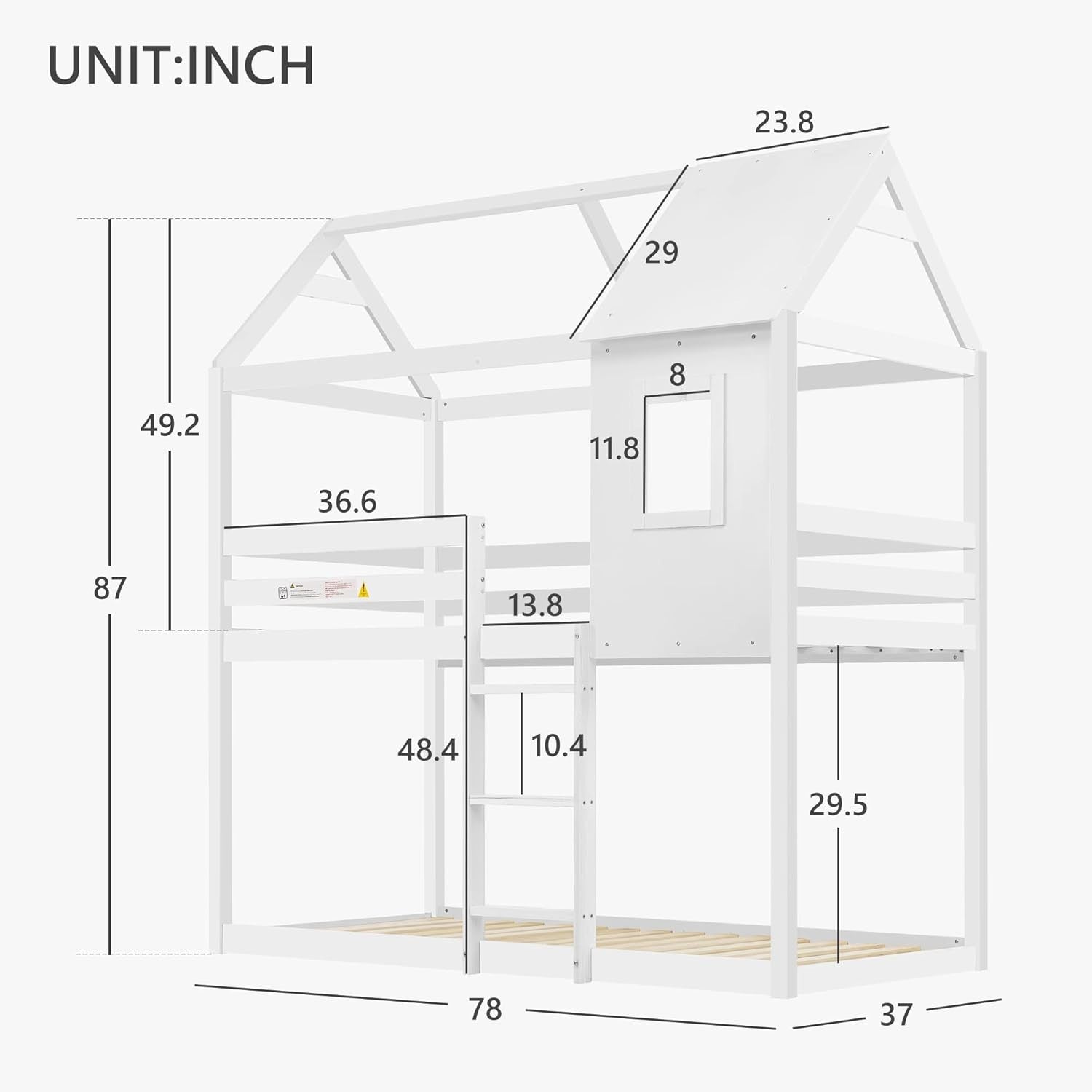 White Kids Bunk Bed w/ Ladder, Roof, Window & Guardrails 90x190cm