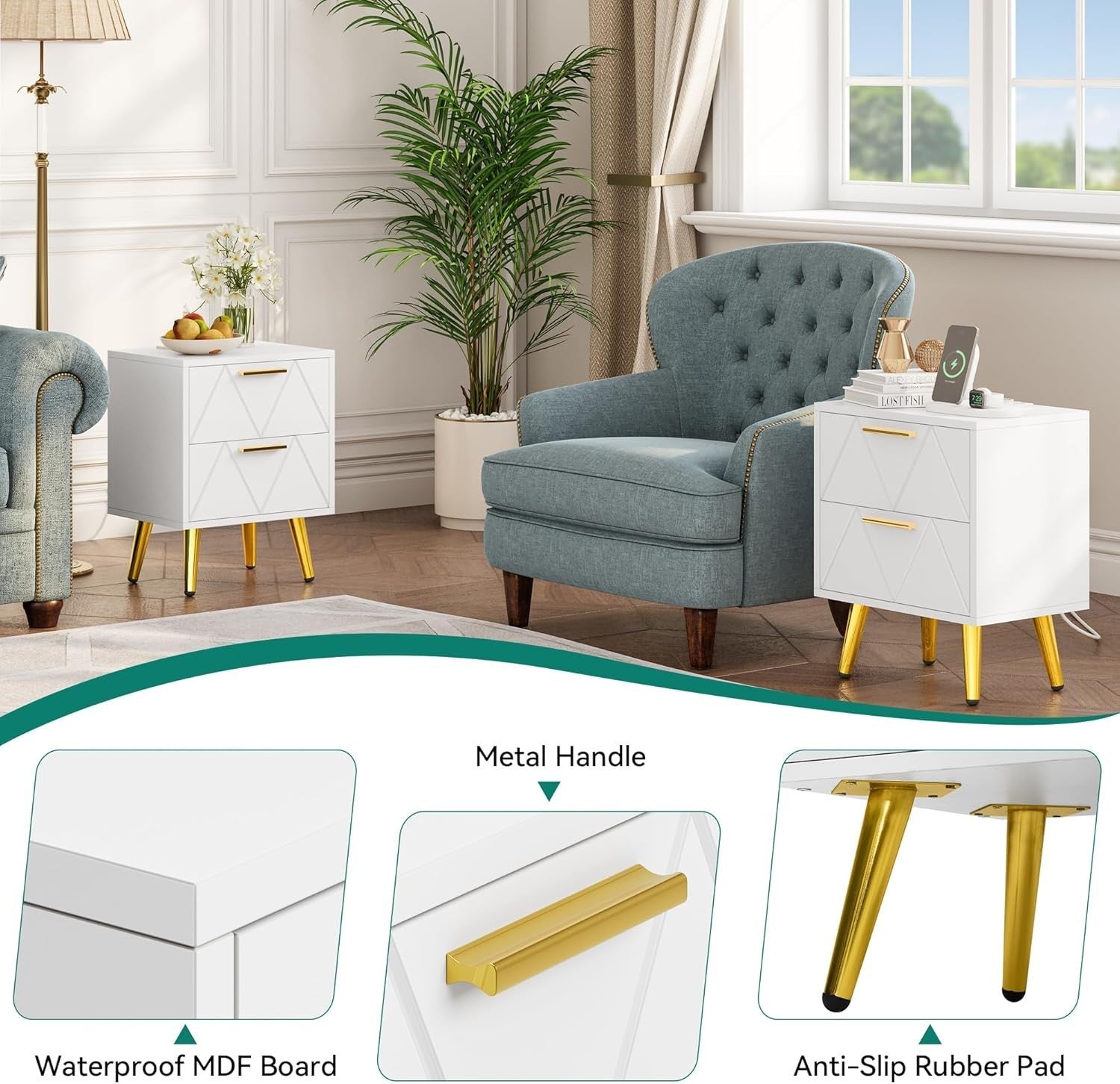 White & Gold 2 Drawer Bedside Table – Modern Nightstand with USB Ports