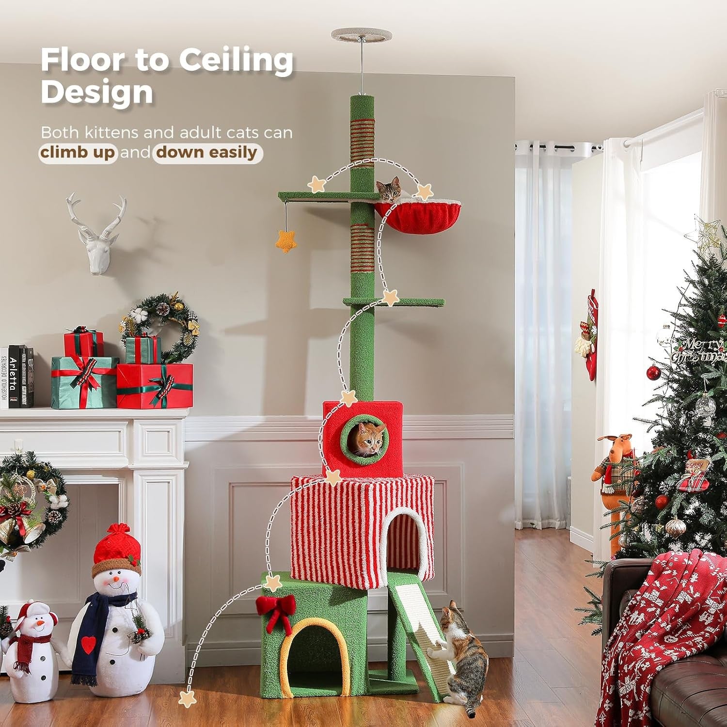 Floor to Ceiling Cat Tree Tower Adjustable 211–276cm Large Scratching Posts