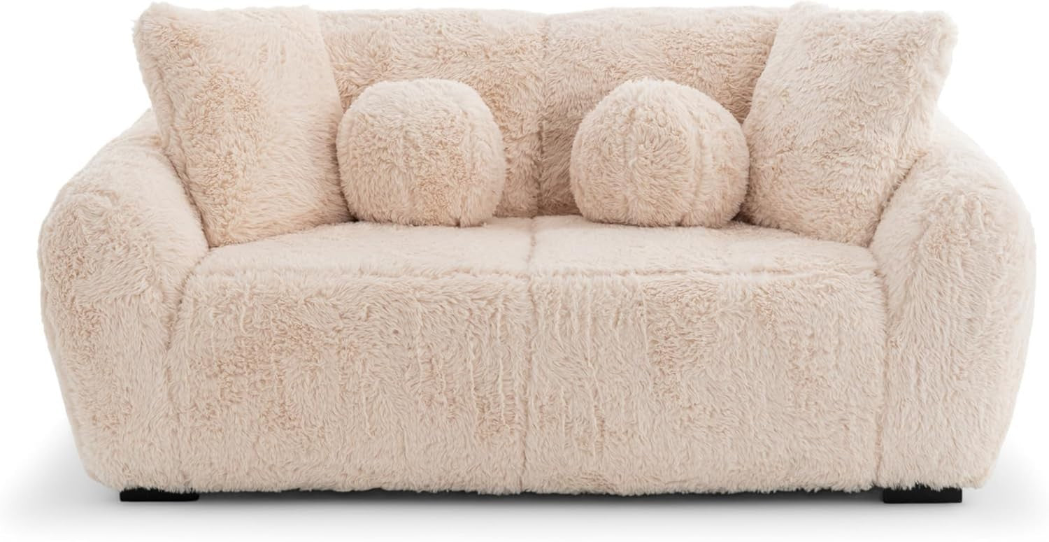 Cream 5 Seater Fluffy Sofa Set Deep Plush Cushions Comfy Lounge Suite