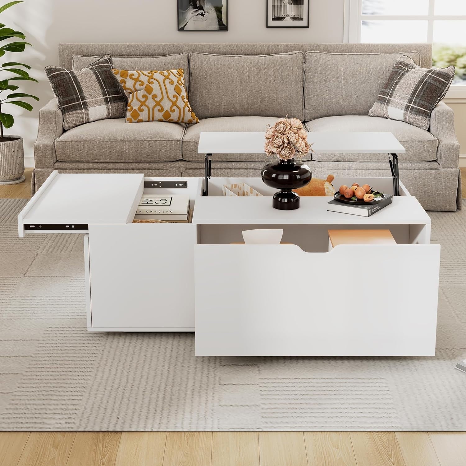 Lift-Top Coffee Table with Storage & Drawer, White 117x65x43cm