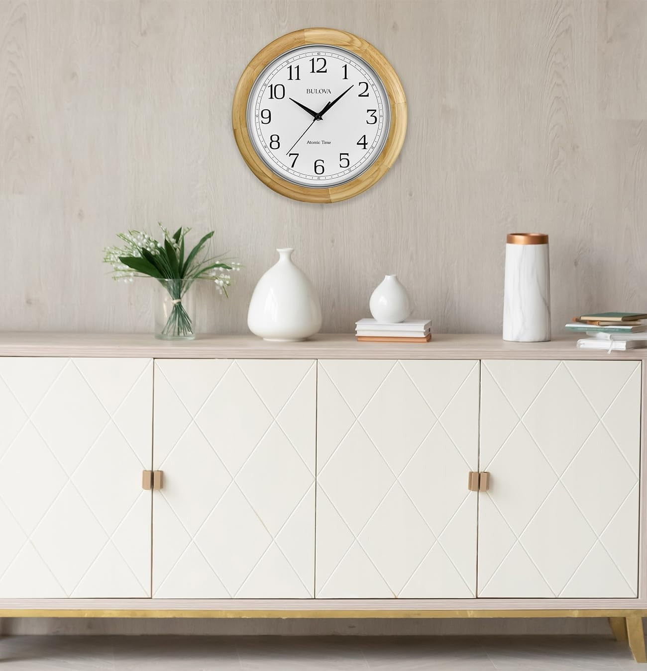 Atomic Analog Wall Clock Quartz Battery Operated Auto Time Set Natural Wood
