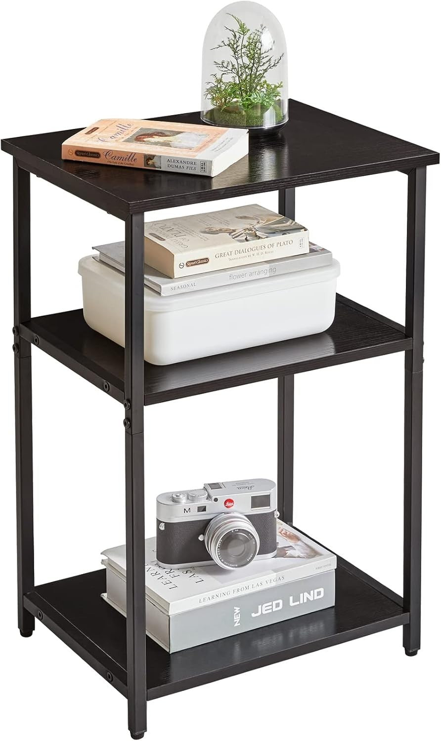 3-Tier Industrial Side Table with Storage Shelves & Protective Feet, Black