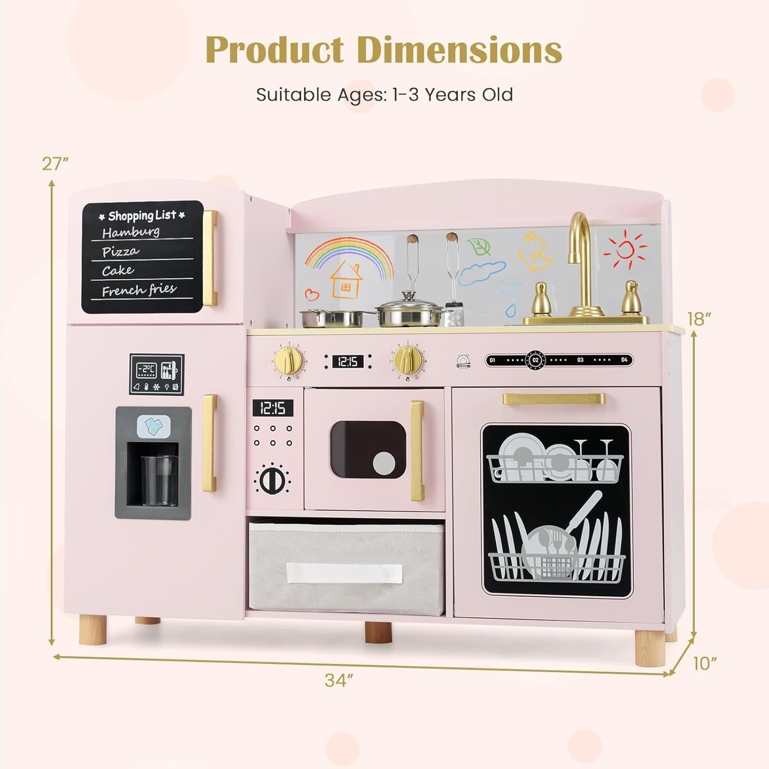 Wooden Kids Play Kitchen Pink Ice Maker Dishwasher Toy Set