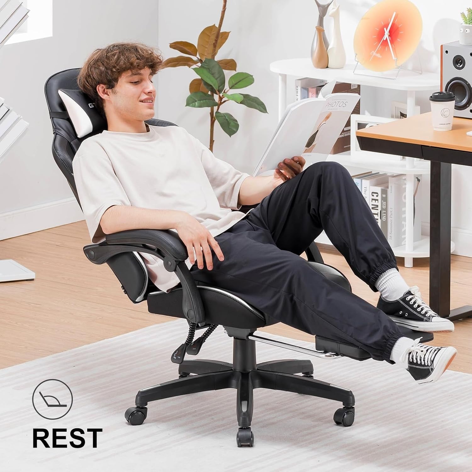 Gaming Chair High Back Leather Footrest Ergonomic White
