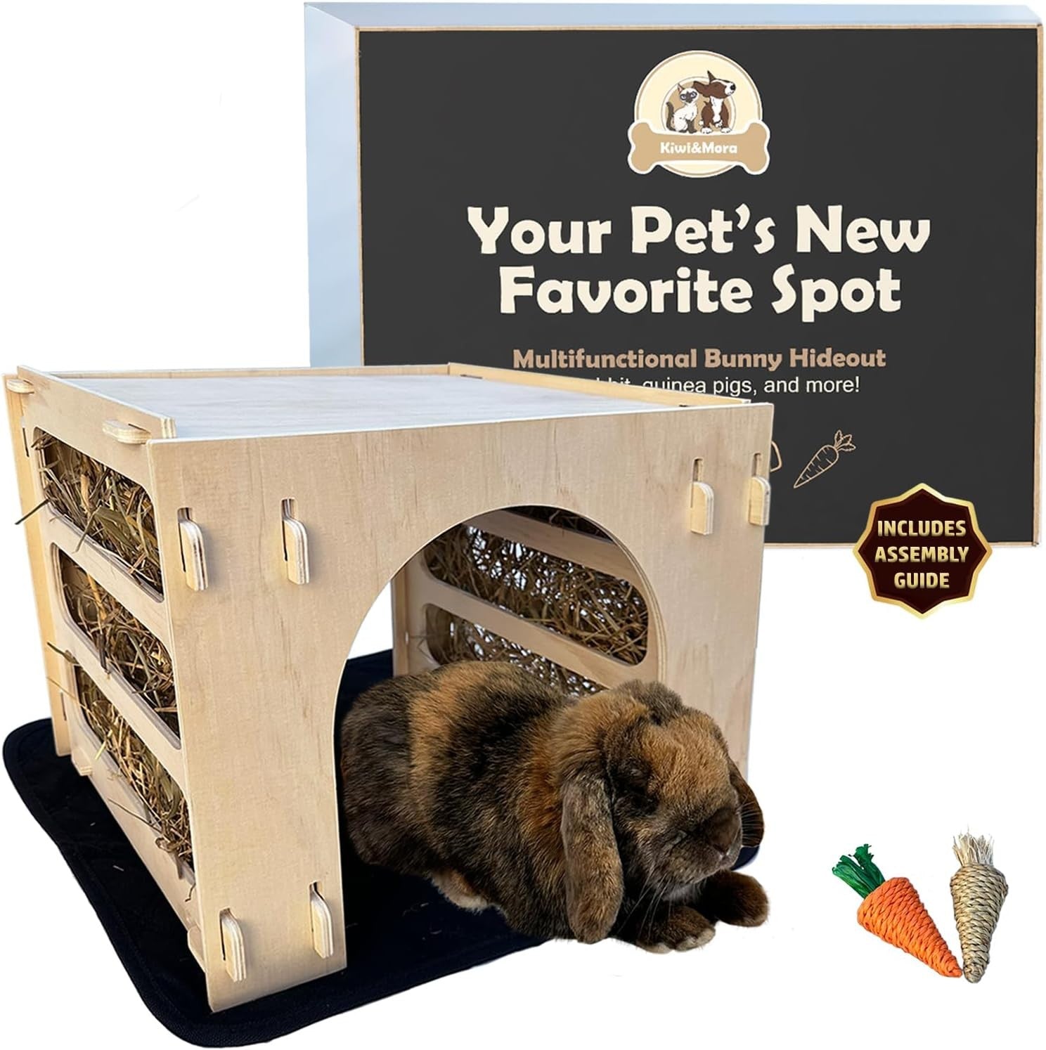 Rabbit Hideout Wooden Tunnel Bed Indoor Hay Feeder Bunny Guinea Pig House