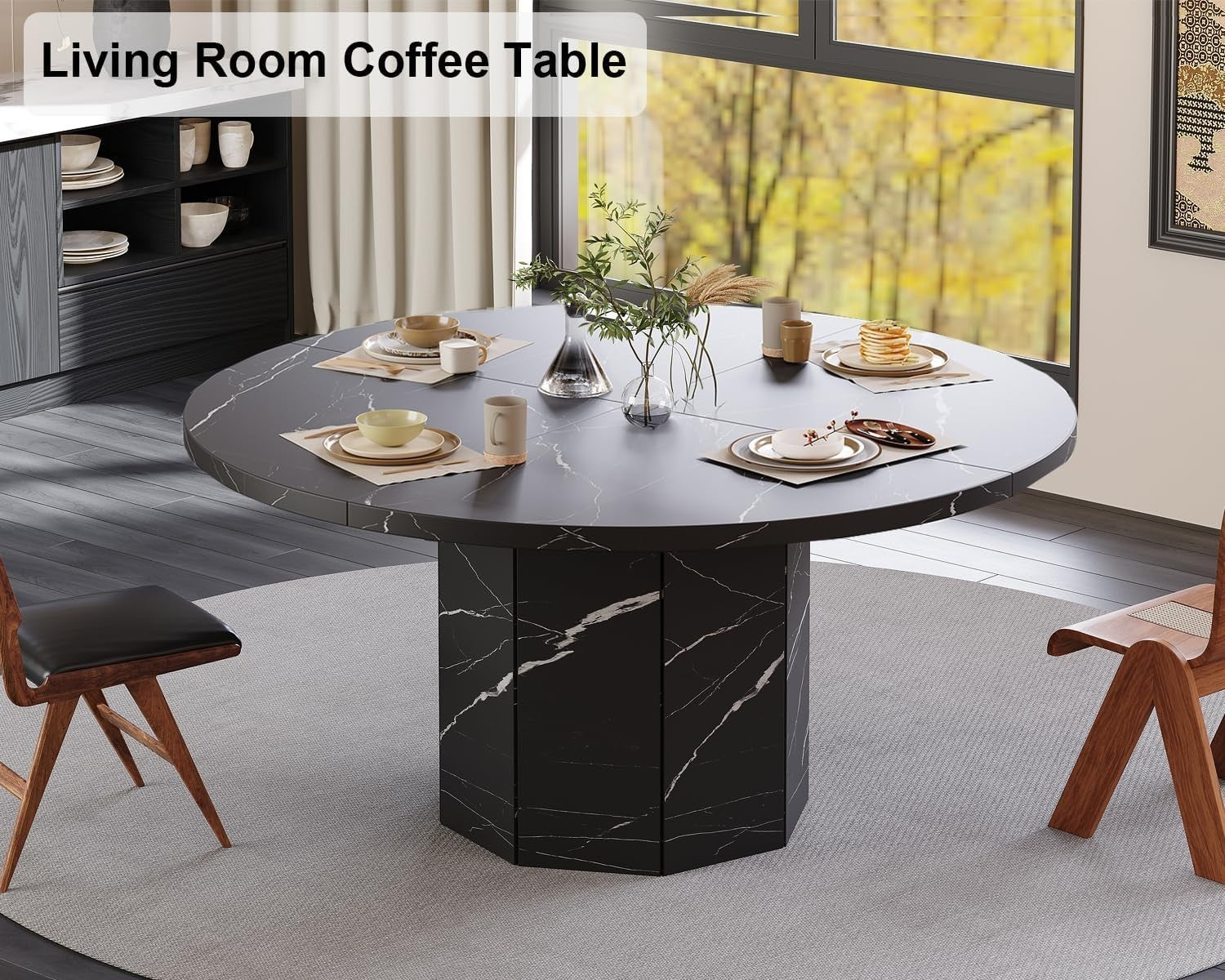 Round Black Marble Dining Table 4-6 Seater Modern Kitchen 120cm