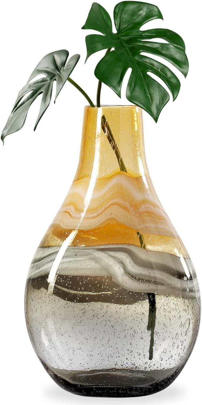 Amber Hand Blown Glass Vase 36cm Modern Coastal Table Centerpiece Decor