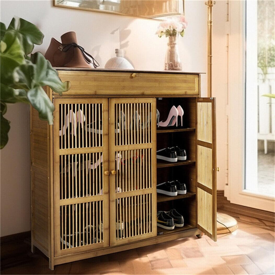 Large 4-Tier Bamboo Shoe Cabinet with Drawer & Lockable Slatted Doors, 16-18 Pai
