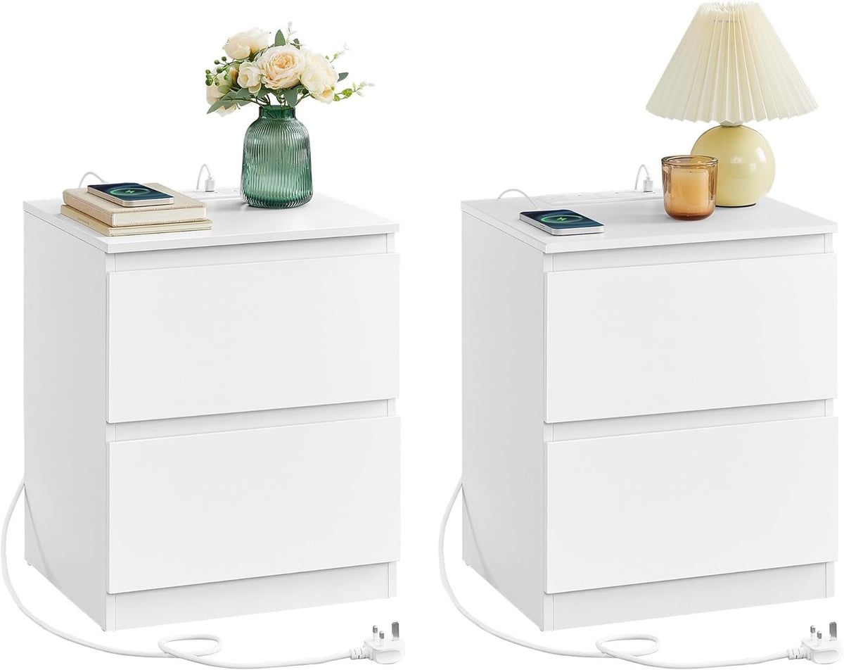 White Bedside Tables Set of 2 with Charging Station & Drawers Modern Nightstands