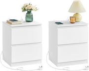 White Bedside Tables Set of 2 with Charging Station & Drawers Modern Nightstands