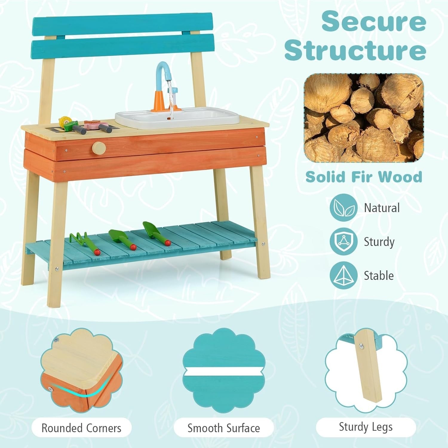 Outdoor Mud Kitchen Kids Wooden Playset w/ Sink Grill Gardening