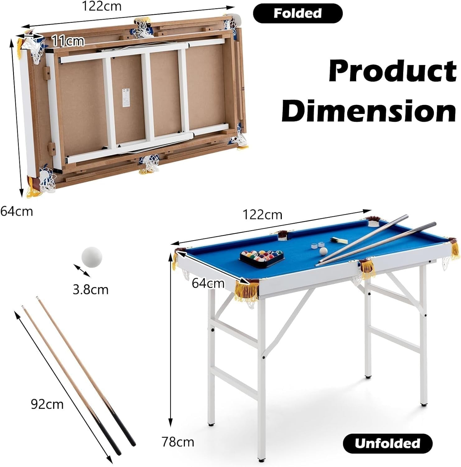 Space Saving 4FT Pool Table Foldaway Billiards Game w Accessories