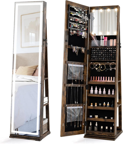 Rustic Brown 360° Swivel LED Jewelry Cabinet Mirror Lockable Storage