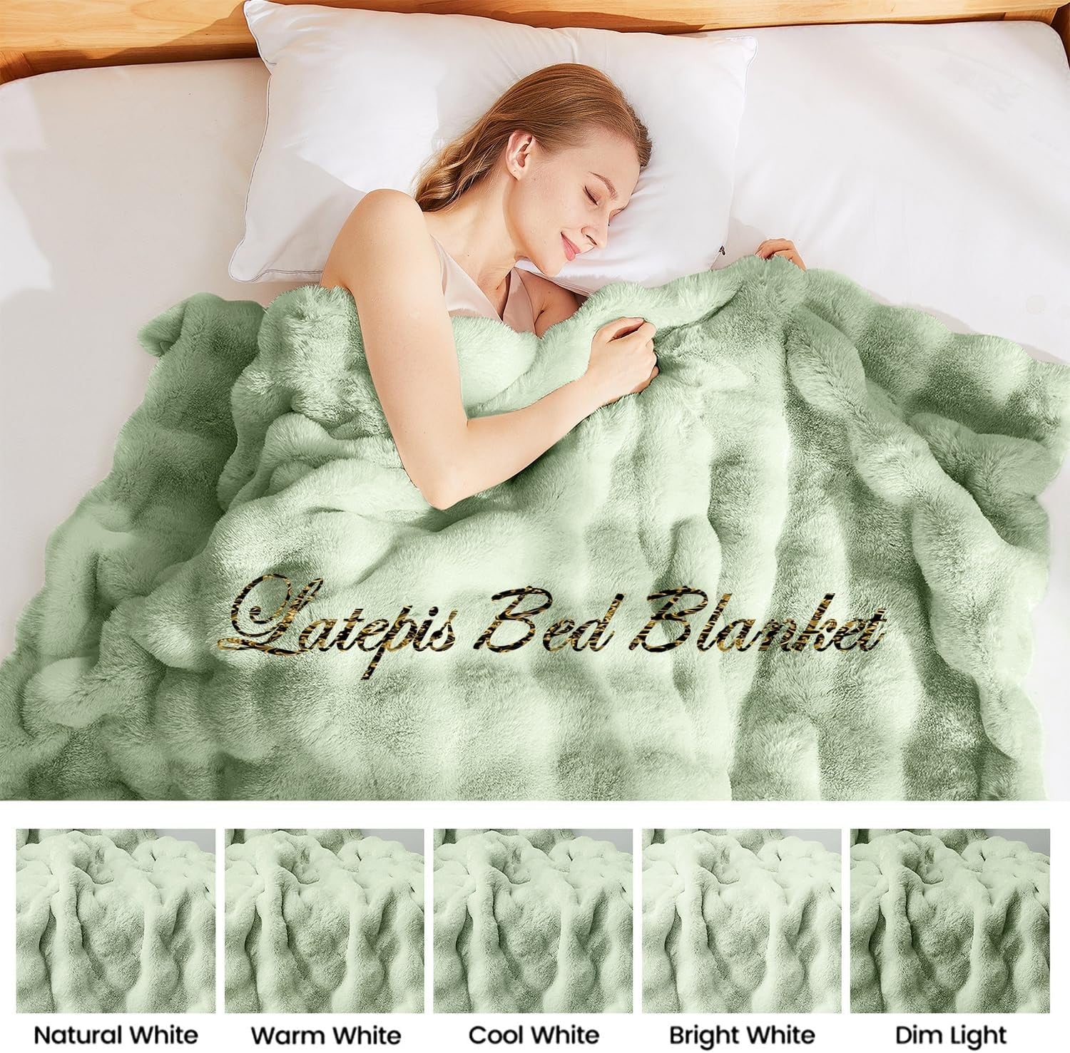 Luxury Sage Green Faux Fur Bubble Blanket Twin 152x203cm Super Soft Warm