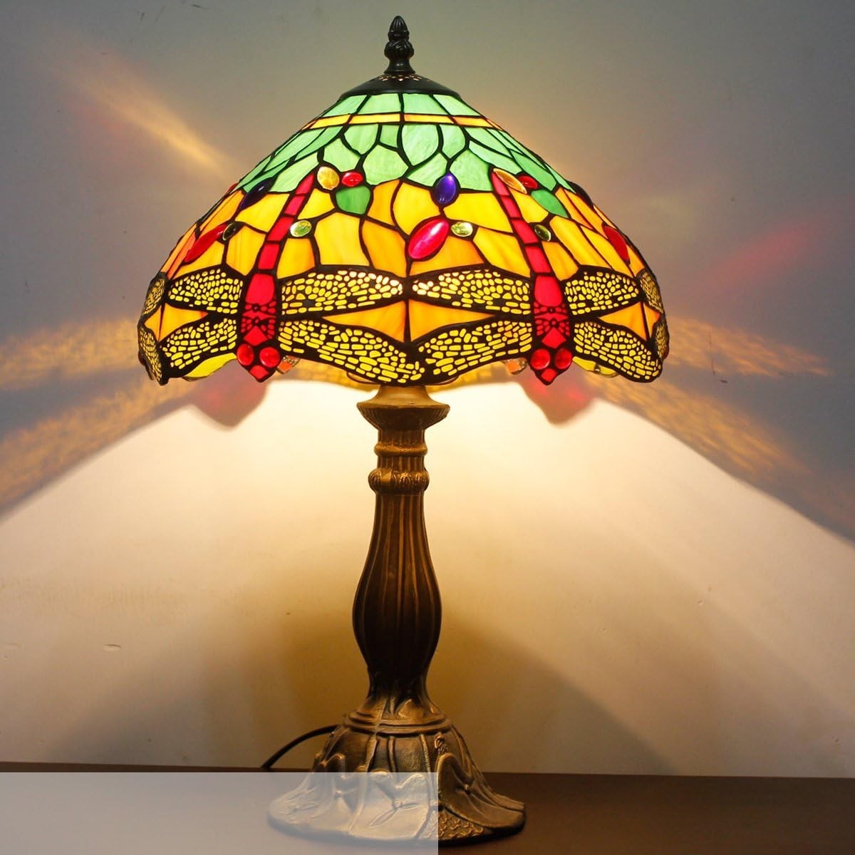 Stained Glass Tiffany Table Lamp 12x12x18in Green Yellow Bronze Base