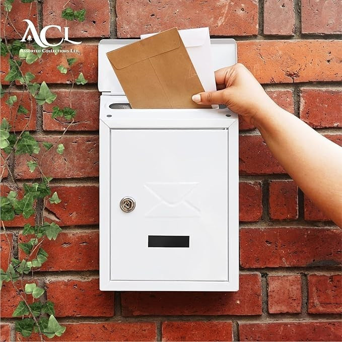 Lockable Wall Mounted Post Box Weatherproof Mailbox Iron White Secure Letterbox