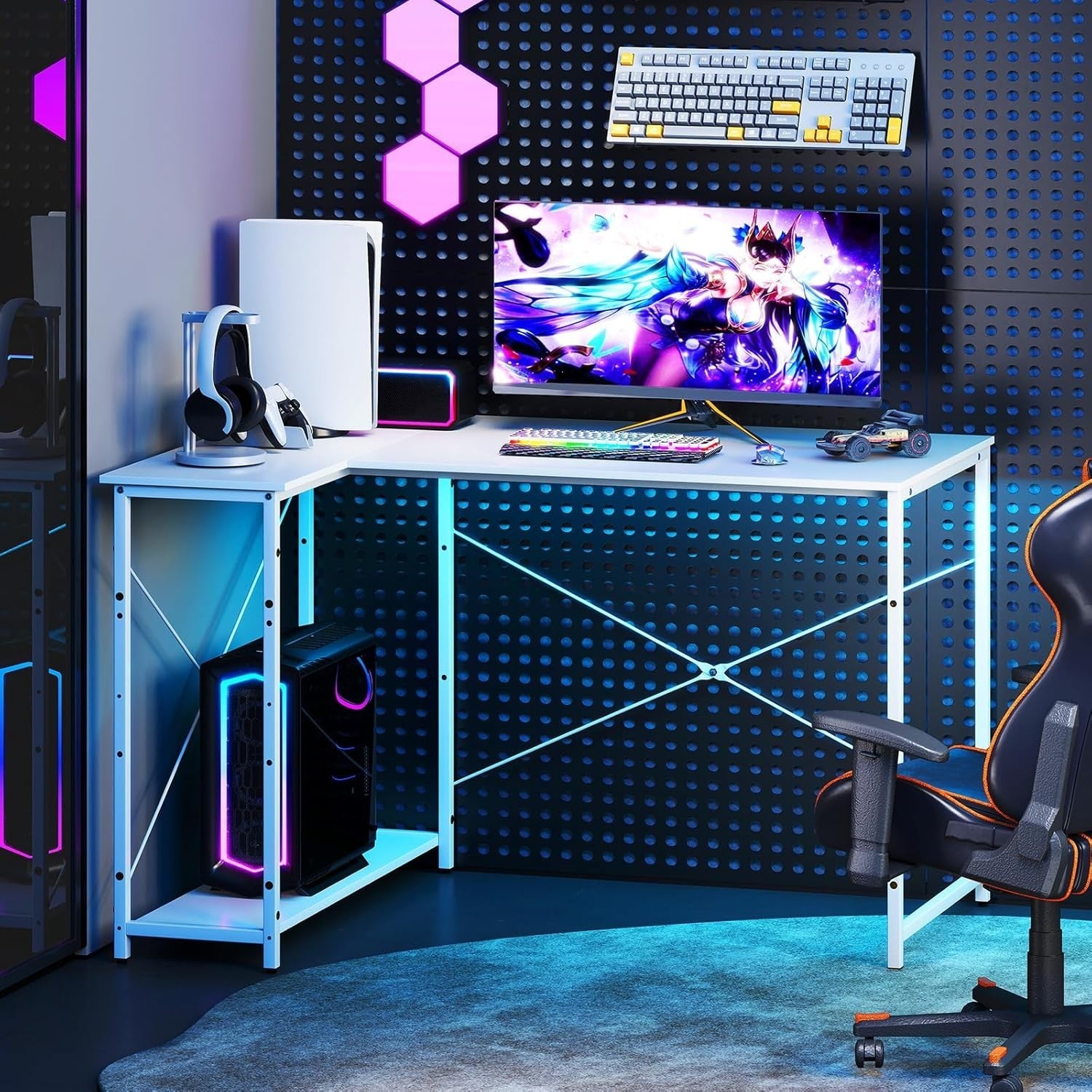 Modern White L-Shaped Corner Desk w/Adjustable Shelves & Metal Frame