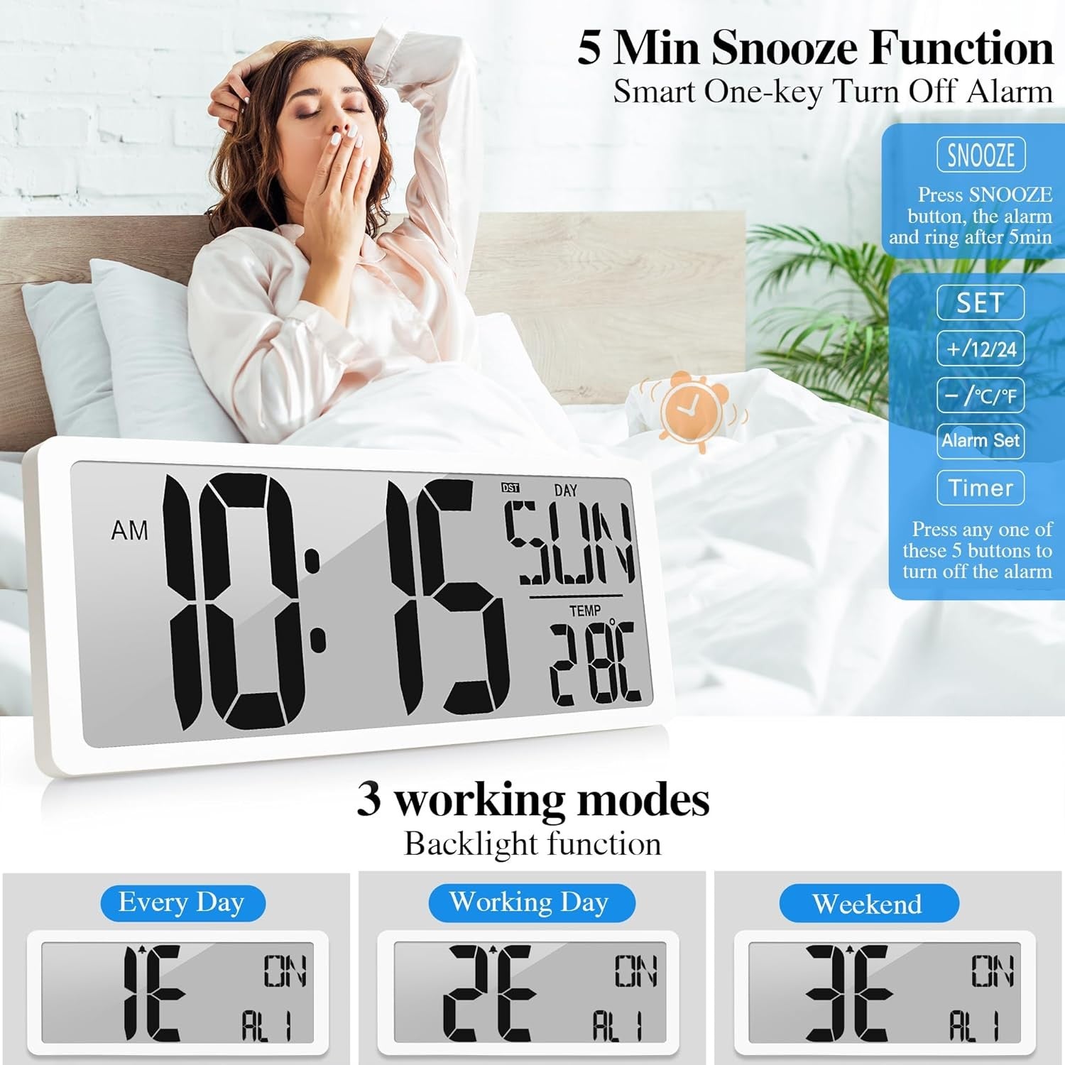 Large Digital Wall Clock 15'' LED Display Alarm Date Temp Backlight